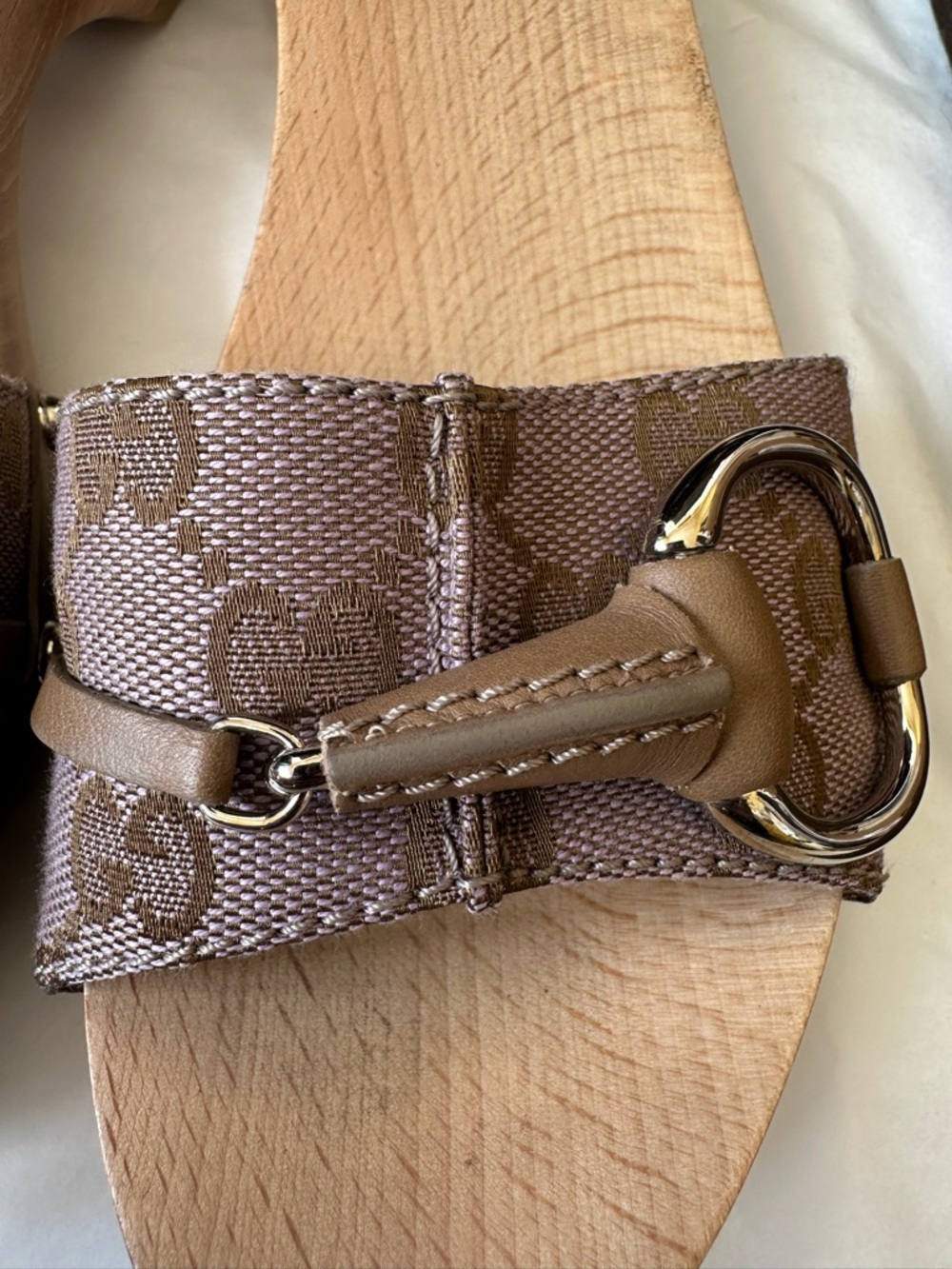 Gucci Taupe Monogram Canvas Horsebit Wooden Slide Mules - Picture 3 of 9